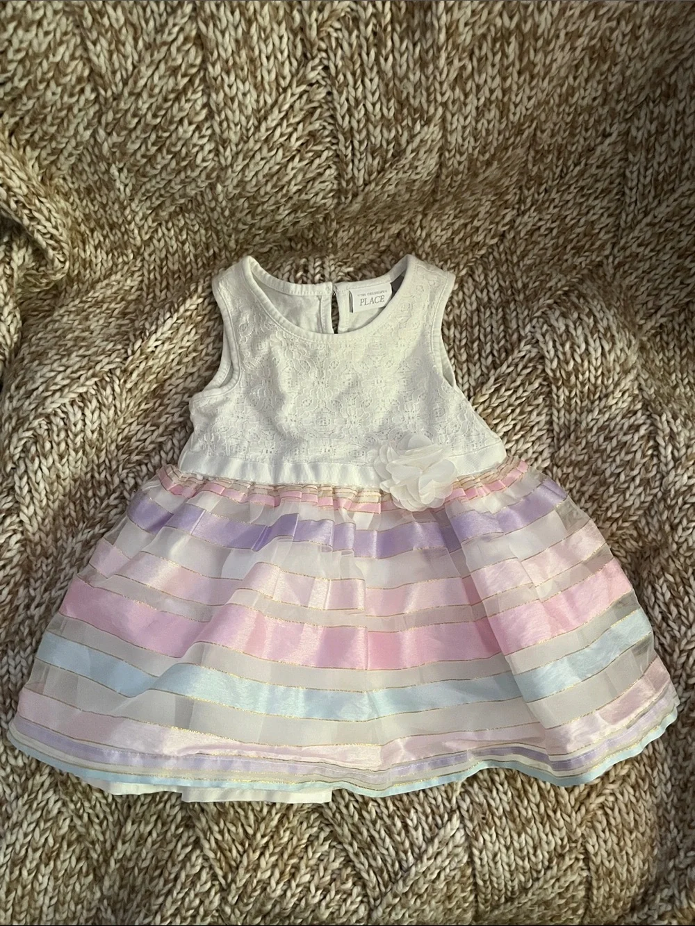 The Children's Place White Lace Bodice Pastel Striped Dress with Flower